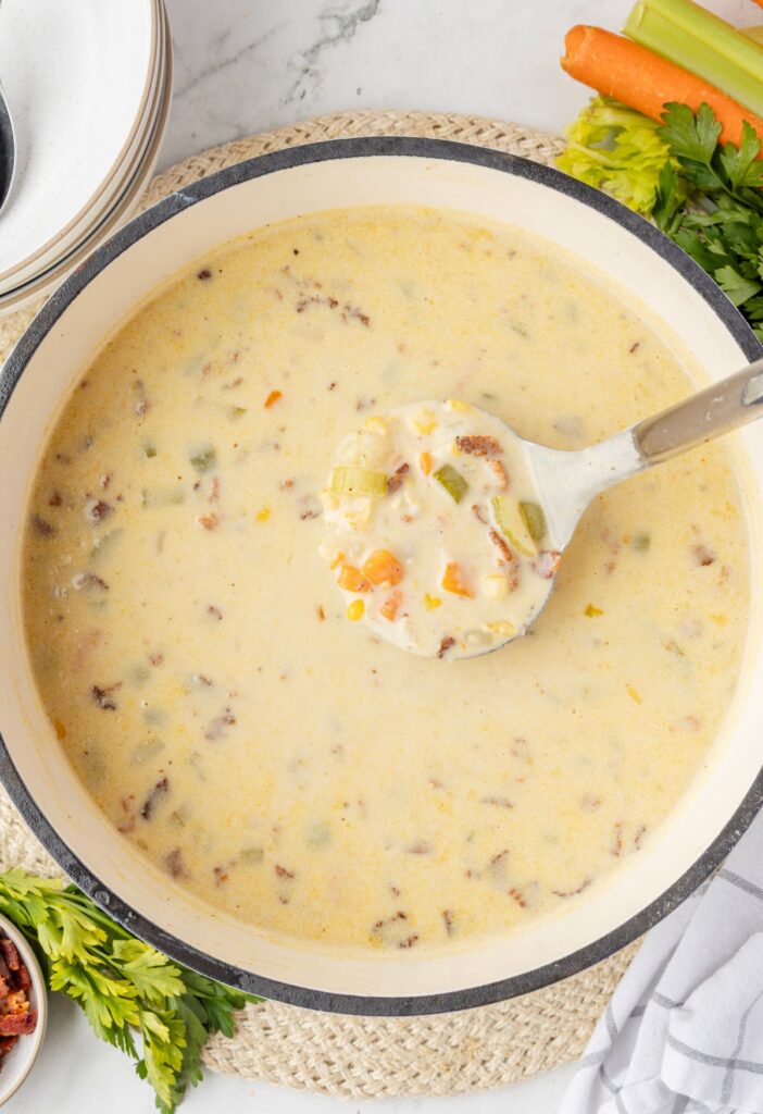 Soup pot of corn and potato chowder