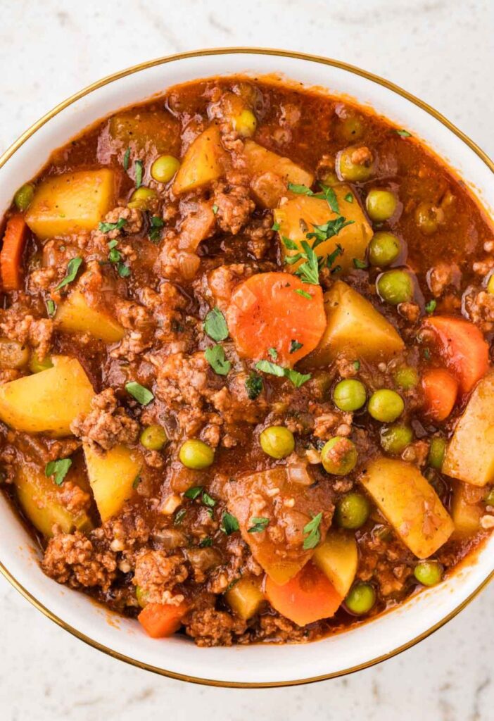Top view of a bowl of stew