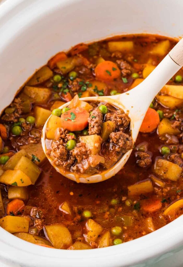 A ladle of ground beef stew