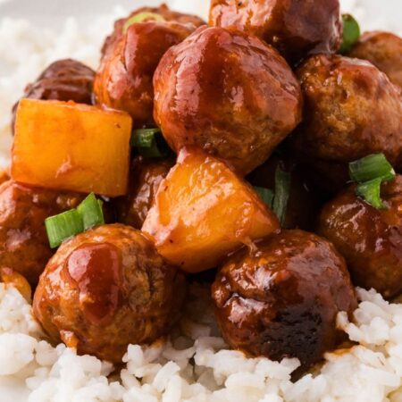 Pineapple barbecue meatballs over white rice