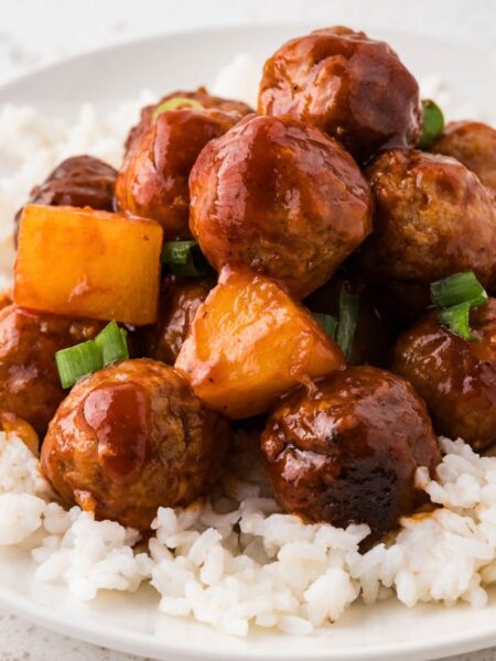 Pineapple barbecue meatballs over white rice