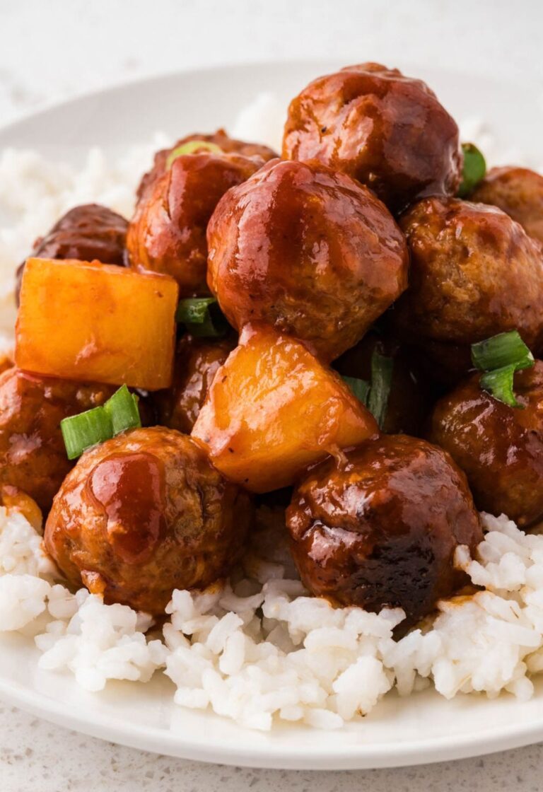 Pineapple barbecue meatballs over white rice