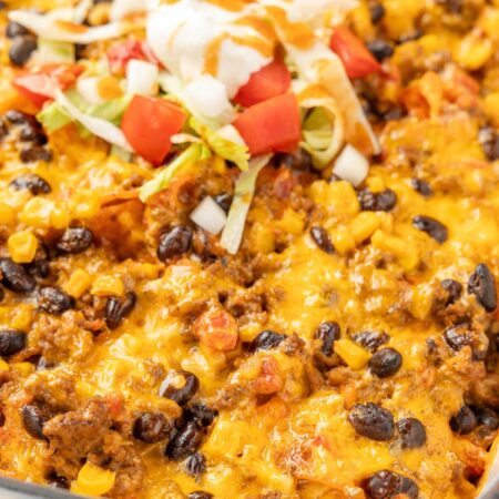 Close up view of the baked Doritos casserole