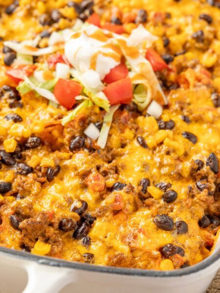 Close up view of the baked Doritos casserole