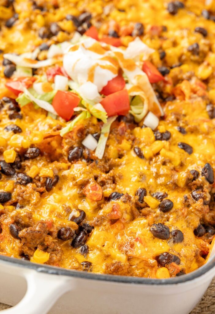 Close up view of the baked Doritos casserole