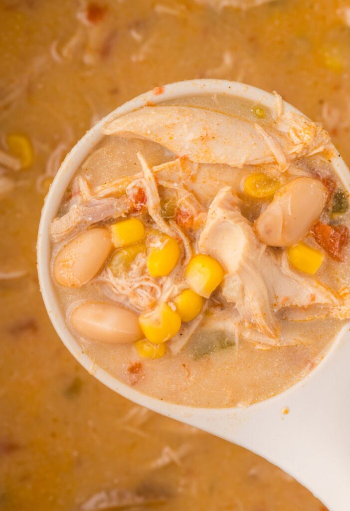 Close up picture of the chicken chili inside a ladle.