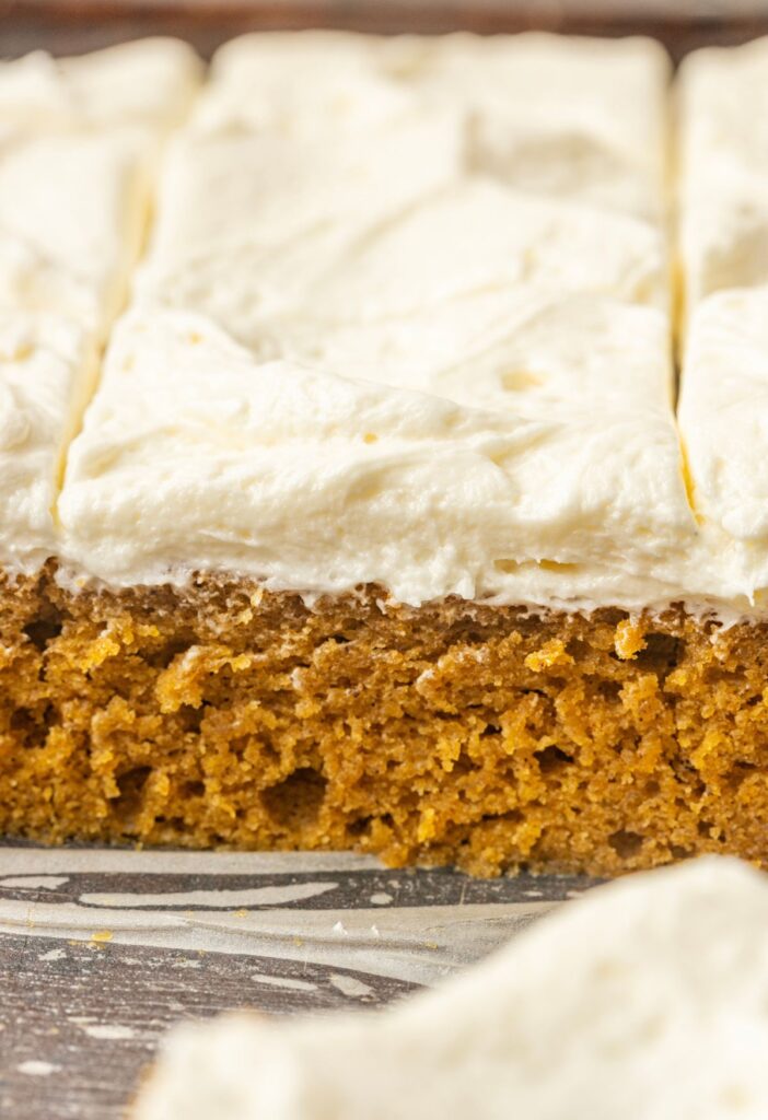 Side view of the pumpkin bars up close to see the cake like, moist, soft texture.