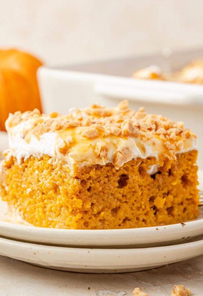 A slice of the pumpkin poke cake