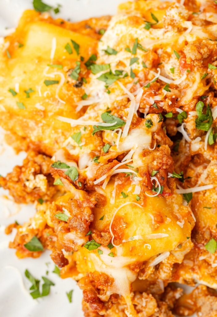 Ravioli lasagna serving on a white plate