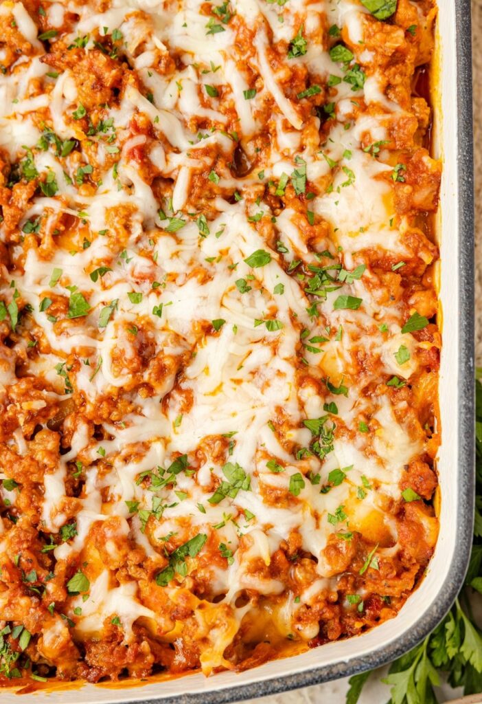 Top view of the casserole inside the casserole dish