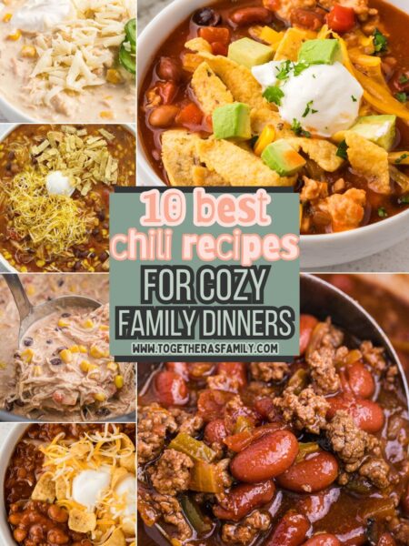 A graphic with images of chili recipes for this chili recipe round up
