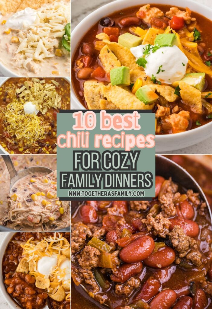 A graphic with images of chili recipes for this chili recipe round up