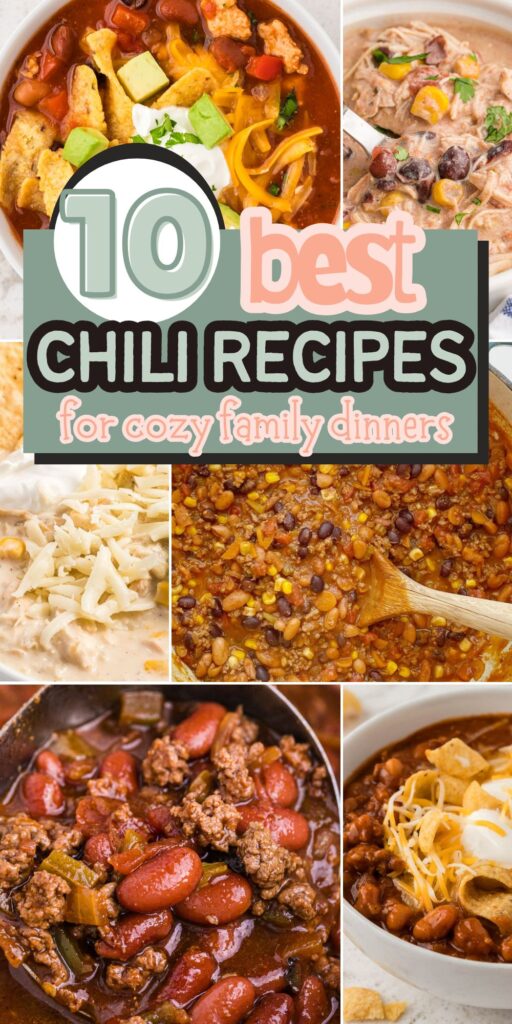 A graphic with images of chili recipes for this chili recipe round up