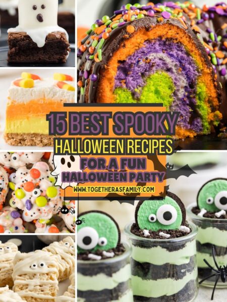 A graphic with several pictures of halloween food for this halloween party food recipe roundup.
