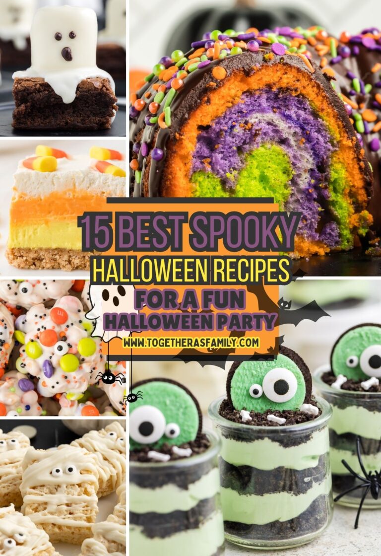 A graphic with several pictures of halloween food for this halloween party food recipe roundup.