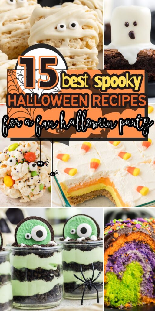 A graphic with images of the halloween party foods for this halloween recipes to make your halloween party fun!