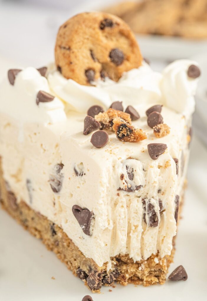 A slice of the no bake chocolate chip cookie cheesecake