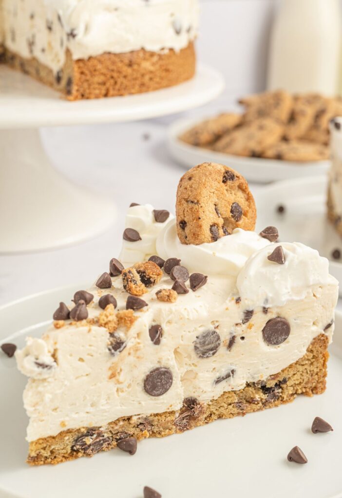 A slice of the no bake chocolate chip cheesecake pie