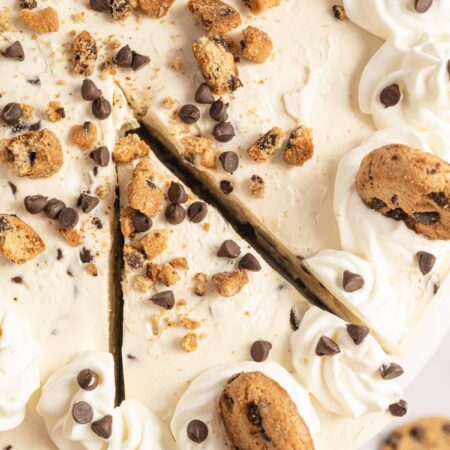 Chocolate chip cookie cheesecake with a no bake cheesecake filling.