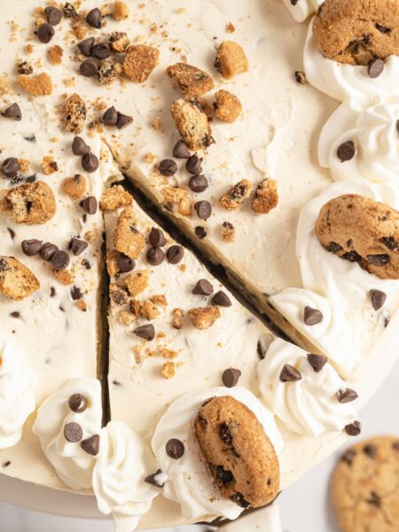 Chocolate chip cookie cheesecake with a no bake cheesecake filling.