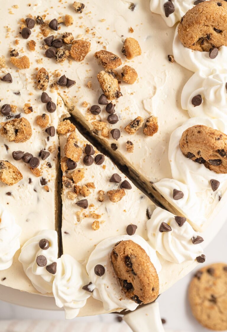 Chocolate chip cookie cheesecake with a no bake cheesecake filling.