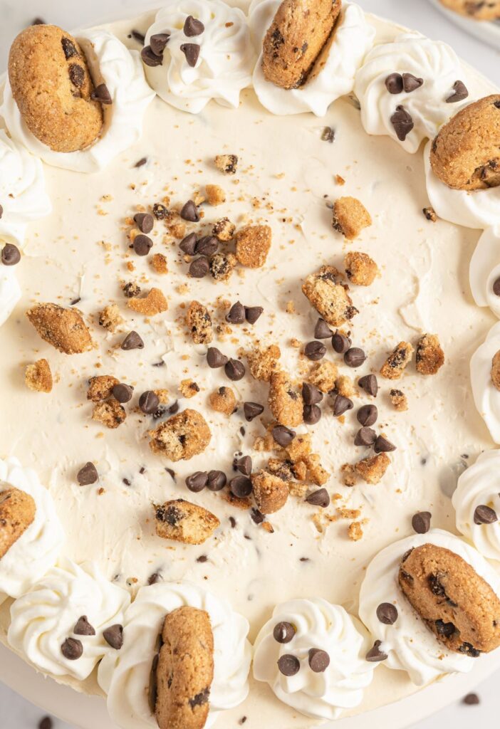 Top view of the no bake cheesecake with a chocolate chip cookie crust.