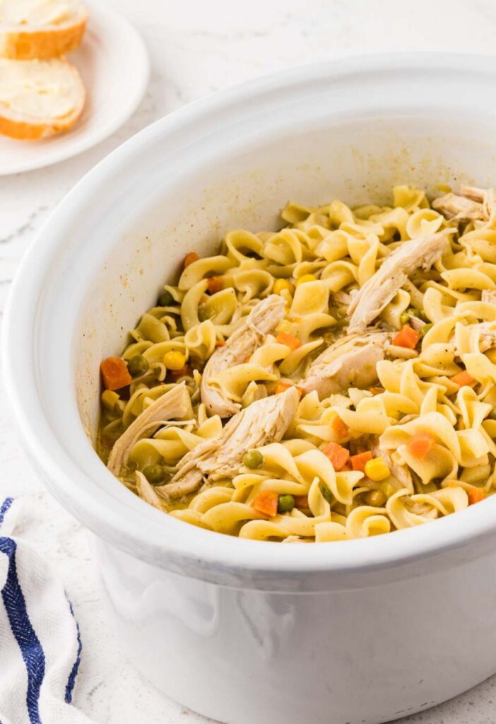Crockpot of pot pie noodles