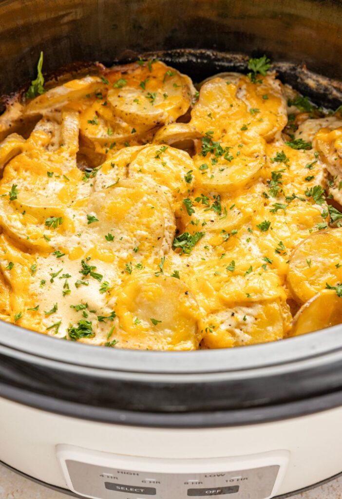 A white slow cooker with scalloped potatoes inside.